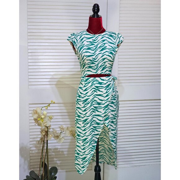 Reformation Women's Green Beige Zebra Print Alana Wrap Midi Dress Size 4 2797 - Picture 1 of 16